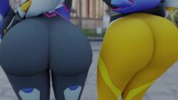 2girls 3d animated ass ass-to-ass ass_focus big_ass blizzard_entertainment bodysuit brown_hair d.va female female_only from_behind huge_ass jiggle kishi long_hair longer_than_30_seconds multiple_girls overwatch overwatch_2 shiny shiny_clothes skin_tight tracer video