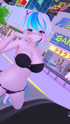 blue_eyes blue_hair blush bra kneeling looking_at_viewer panties public seanvr underwear virtual_youtuber vrchat white_hair