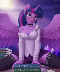 1girls 3d absurd_res alicorn anthro anthrofied barely_visible_genitalia barely_visible_pussy bodily_fluids book bottomwear breasts choker clothed clothed_female clothing english_text equid equine eyewear feathers female friendship_is_magic genital_fluids genitals glasses hasbro hi_res horn irisarco looking_at_viewer mammal my_little_pony no_panties no_underwear princess_twilight_sparkle_(mlp) purple_body purple_feathers pussy pussy_juice skirt solo text wings