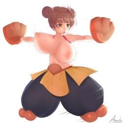 amidasketchbook areolae big_breasts breasts brown_eyes brown_hair crossover_cosplay fujinoki_nene game_freak hajimete_no_gal hariyama_(cosplay) huge_breasts large_areolae large_breasts looking_aside nintendo oversized_gloves pokemon pokemon_(cosplay) solo solo_female swinging_breasts topless white_background