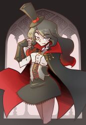 april_(juztplay) black_hair cape cloak eyebrows_visible_through_hair halloween halloween_costume hi_res high_quality juztplay long_black_hair long_hair monocle painted_fingernails painted_nails sfw top_hat vampire vampire_costume