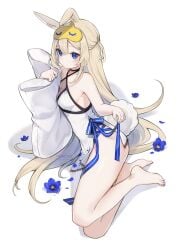 1girl animal_ears ass bangs bare_legs bare_shoulders barefoot blonde_hair blue_eyes blue_nails blush breasts bunny_ears bunny_girl bunny_tail china_dress chinese_clothes choker cleavage dress eyebrows_visible_through_hair feet female_only flower full_body hair_between_eyes long_hair long_sleeves looking_at_viewer mask mask_on_head medium_breasts nail_polish sleeveless small_breasts solo striped striped_background thighs toenail_polish toenails vertical_stripes very_long_hair virtual_youtuber vyugen white_dress wide_sleeves yenko yenkoes