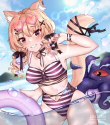 1girl 1girls animal_ear_fluff animal_ears armpits artist_name bangs bare_shoulders bikini black_choker blonde_hair blue_sky blush breasts brown_eyes brown_hair cat_ears cat_tail catgirl choker cleavage cloud collarbone cowboy_shot day eyebrows_visible_through_hair eyewear_on_head face_markings grin hair_between_eyes hair_bow hair_ornament hairclip heart heart-shaped_eyewear holding_innertube innertube long_hair looking_at_viewer medium_breasts navel outdoors partially_submerged ribbon see-through signature sky small_breasts smile solo squchan_(vtuber) standing stomach striped striped_bikini sunglasses swimsuit vertical-striped_bikini virtual_youtuber vtuber vyugen water watermark x_hair_ornament