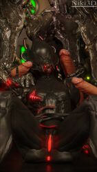 1girls 3boys 3d alien alien_girl female grineer helmet male masturbation niki3d peace_sign penis pussy valkyr_(warframe) warframe