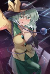 1futa :q big_breasts big_penis black_bra black_headwear blush bra breasts clothed clothing collarbone commentary_request erection erection_under_clothes eyeball fully_clothed futa_only futanari green_eyes green_hair green_skirt hat heart heart-shaped_pupils highres human koishi_komeiji licking_lips light-skinned_futanari light_skin long_sleeves looking_at_viewer medium_breasts penis selfie shiratsuki_shiori shirt short_hair skirt solo standing symbol-shaped_pupils tenting third_eye tongue tongue_out touhou underwear yellow_shirt