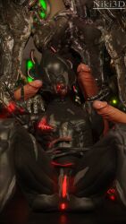 1girls 3boys 3d alien alien_girl cum cum_drip cum_on_body cum_on_breasts cum_on_face female grineer helmet male masturbation niki3d peace_sign penis pussy valkyr_(warframe) warframe