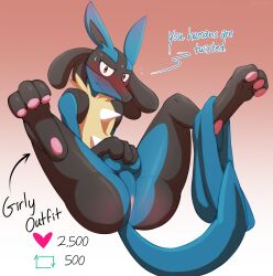 2022 anthro ass big_butt biped black_body black_fur blue_body blue_fur blush bodily_fluids bottomless clothed clothing dialogue digitigrade dripponi english_text fur generation_4_pokemon gradient_background hi_res lucario male nintendo pawpads pink_pawpads pokémon_(species) pokemon pokemon_(species) presenting presenting_hindquarters red_eyes shaded simple_background solo sweat text video_games yellow_body yellow_fur