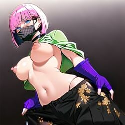 ai_generated blue_eyes bob_cut breasts choker dbd dead_by_daylight face_mask fingerless_gloves g-string mask midriff nai_diffusion nea_karlsson nipples pink_hair stable_diffusion