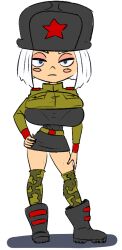 blue_eyes breasts camouflage camouflage_stockings camouflage_thighhighs camp_camp diklonius female female_only green_socks huge_breasts looking_at_viewer military military_uniform russian sketch skirt socks stockings thigh_socks thighhighs vera_(camp_camp) white_hair