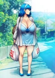 1girls bag bakunyuu blue_dress blue_footwear blue_hair blue_hair_female blue_ribbon blue_shoes blurry blurry_background breasts breasts_bigger_than_head brown_bag bulging_breasts candy_blue_hair cardigan cleavage curvaceous day daytime deep_cleavage distracted dress earrings enormous_breasts erkaz erkaz_(artist) erkazooya errorkazoo eyebrows_visible_through_hair footwear full_body fully_clothed green_leaves hair_ornament hairband handbag hi_res high_heeled_shoes high_heels high_resolution highres holding holding_bag house huge_breasts huge_cleavage jewelry kneecaps knees leaves legs long_cleavage long_sleeves looking_away looking_to_the_side massive_breasts mature_female medium_hair original original_character outdoors outside plastic_bag purse red_earrings red_eyes red_eyes_female rina_atherina rina_atherina_(errorkazoo) shadow shopping_bag short_dress short_hair short_hair_female shoulder_bag solo solo_female standing standing_female stud_earrings thick_thighs top_heavy_breasts tree utility_pole veins veiny_breasts voluptuous voluptuous_female white_bag white_cardigan white_hair_ornament white_hairband