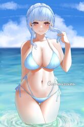 1girls alternate_costume bikini blue_bikini blue_hair blue_swimsuit breasts female female_only fire_emblem fire_emblem:_three_houses genm7 looking_at_viewer marianne_von_edmund navel nintendo outdoors sea smile smiling smiling_at_viewer solo solo_female standing standing_in_water swimsuit