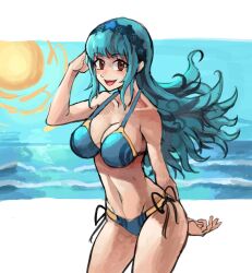 alternate_costume alternate_hairstyle bikini blue_bikini blue_hair blue_swimsuit breasts female female_only fire_emblem fire_emblem:_three_houses fire_emblem_warriors:_three_hopes looking_at_viewer marianne_von_edmund nintendo official_alternate_hairstyle saiykik solo swimsuit