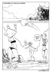 3girls alien_girl beach beach_volleyball bikini black_and_white comic_page doujinshi female_only lapis_lazuli_(steven_universe) mabeelz one-piece_swimsuit pearl_(steven_universe) peridot_(steven_universe) side-tie_bikini steven_universe wide_hips