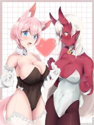 2girls akumi animal_ears blue_eyes blush breasts bunnysuit dog_ears dog_tail female gloves horns light-skinned_female light_skin looking_at_breasts looking_at_viewer oni oni_horns pink_hair red-skinned_female red_skin scars tail virtual_youtuber vyugen white_gloves white_hair yellow_eyes yuniiho_(character)