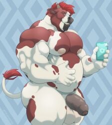 animal_humanoid anthro balls bara_tiddies bara_tits big_balls big_chest big_muscles big_pecs bovid bovine brown_body brown_fur cattle cellphone flaccid foreskin fur genitals gigantic_chest gigantic_pecs hi_res horn huge_chest huge_pecs humanoid humanoid_genitalia humanoid_penis large_pectorals male male_only mammal man_boobs man_breasts massive_chest massive_pecs moobs musclegut muscular muscular_anthro muscular_male muscular_thighs nude obliques overweight overweight_anthro overweight_male pecs penis phone smartphone smile solo tail teeth thick_penis tylerstark white_body white_fur