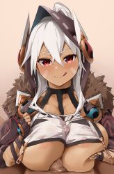 1boy 1girls :q absurdres alternate_breast_size areola_slip azur_lane bangs blush bodypaint breast_curtain breasts brown_background brown_cape brown_gloves brown_hood cape censored closed_mouth commentary_request commission covered_nipples crossed_bangs dark-skinned_female dark-skinned_male dark_skin eagle_union_(azur_lane) facepaint female fingerless_gloves fur-trimmed_cape fur_trim gloves hair_between_eyes high_ponytail highres hood hood_up huge_breasts long_hair looking_at_viewer minneapolis_(azur_lane) mosaic_censoring multicolored_cape multicolored_clothes oza_osuwari paid_reward_available paizuri paizuri_under_clothes penis pov red_cape red_eyes simple_background skeb_commission smile solo_focus straight tongue tongue_out upper_body very_long_hair white_hair