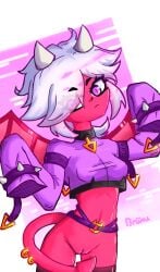 belt bottomless brawl_stars brineaart choker colette_(brawl_stars) demon demon_girl demon_tail demon_wings eyelash eyelashes frown hair_over_one_eye horns jacket long_sleeves magenta_eyes pink_eyes pink_skin pussy red_skin short_hair tail tail_piercing thighhighs trixie_colette_(brawl_stars) white_hair wings