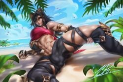 1futa 2022 arm_support ball_bulge balls balls_under_clothes beach big_breasts black_hair blue_eyes breasts brown_hair clothed clothing dehya_(genshin_impact) detailed_background dickgirl flaccid fully_clothed futa_only futanari genshin_impact hair_between_eyes human intersex light-skinned_futanari light_skin long_hair looking_at_viewer muscular_futanari navel on_back penis penis_bulge penis_under_clothes solo spread_legs two_tone_hair underboob water yonpii