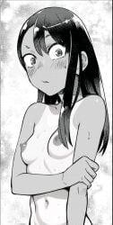 1girls 774_(nanashi) belly belly_button black_and_white black_hair blush breasts exposed_breasts female female_only grabbing grabbing_own_arm hayase_nagatoro looking_at_viewer monochrome navel nevaditod nipples nude nude_female please_don't_bully_me,_nagatoro tan_body tanline tanlines tanned tanned_female tanned_skin third-party_edit topless