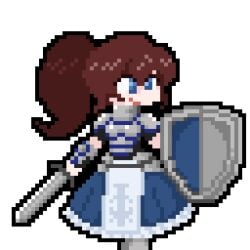 armor blue_dress blue_eyes brown_hair dress first_sfw_of_character happy happy_girl holding_object holding_shield holding_sword holding_weapon juztplay knight knight_girl knightress_(juztplay) pixel pixel_(artwork) pixel_art pixelated ponytail safe_for_work sfw shield smile sword white_background