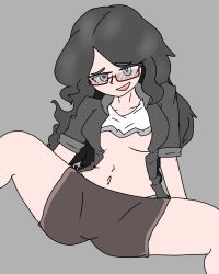 alternate_version_available april_(juztplay) barely_visible_nipples black_hair eyebrows_visible_through_hair fanart glasses grey_background long_black_hair long_hair open_jacket open_mouth shirt shirt_pulled_up shorts tca_rtist