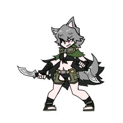 black_bra black_panties cape dagger daggers goggles goggles_around_neck grin grinning holding_dagger holding_weapon idle juztplay leaf_cloak panties pink_eyes rogue_the_wolf_girl_(juztplay) sandals sfw wolf wolf_ears wolf_girl wolf_humanoid