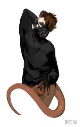 2022 anthro artist_name balls bassenji black_clothing black_shirt black_topwear brown_body brown_ears brown_fur brown_hair brown_legs brown_tail chastity_cage chastity_device clothing didelphid digital_media_(artwork) eyebrows front_view fur genitals glistening glistening_tail hair hand_behind_head hi_res male mammal marsupial muzzle_(object) muzzled orange_balls pink_nose portrait shirt simple_background solo tan_body tan_fur three-quarter_portrait topwear virginia_opossum white_background