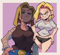 1girls android_18 blonde_hair blue_eyes breasts clothed curvy curvy_body curvy_female curvy_figure dragon_ball dragon_ball_z female female_focus female_only kharonnsfw kharuart large_breasts t-shirt underwear wide_hips