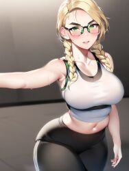 1girls ai_generated big_breasts blonde_hair female female_only glasses gym_clothes gym_uniform hair_brush high_resolution highres long_sleeves looking_back nai_diffusion original pigtails solo stable_diffusion