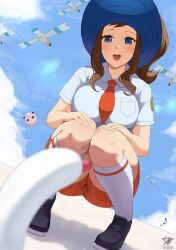 1girls blue_eyes breasts brown_hair female hat hi_res hilda_(pokemon) huge_breasts human human_only jigglypuff juliana_(pokemon) juliana_(pokemon)_(cosplay) kaos_art knee_socks kneehighs kneesocks large_hat light-skinned_female light_skin long_hair long_ponytail nintendo pokemon pokemon_(species) pokemon_bw pokemon_sv ponytail school_uniform schoolgirl socks squatting tight_clothing white_socks wiglett wingull