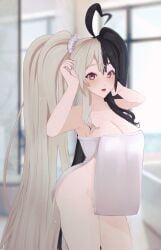 1girl ahoge arms_up bangs black_hair blonde_hair blurry blurry_background blurry_foreground blush breasts cleavage collarbone cowboy_shot depth_of_field eyebrows_visible_through_hair female indoors large_breasts long_hair looking_at_viewer mixed_hair_color momotexx_(vtuber) multicolored_hair naked_towel nude_cover open_mouth red_eyes solo standing steam towel twintails very_long_hair virtual_youtuber vyugen wet white_towel