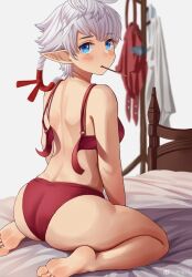 alisaie_leveilleur back_view bed bedroom blue_eyes blush bowtie bra bra_down dat_ass elezen elf elf_ears elf_female elf_girl final_fantasy final_fantasy_xiv looking_at_viewer red_panties square_enix thick_thighs undressing white_background white_hair