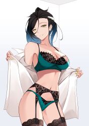 absurd_res black_hair bra breasts cleavage clothing earrings exhibitionism female female garter_straps girls'_frontline gradient_hair green_eyes hair_ornament hakugin006 high_resolution large_breasts large_filesize lingerie long_hair looking_at_viewer mole mole_under_eye multicolored_hair navel open_shirt pantsu python_(girls'_frontline) seductive seductive_smile smile swept_bangs underwear undressing very_high_resolution yellow_lipstick