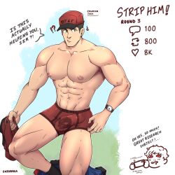 <3 big_bulge bulge courier_(pokemon) dialogue english_text enzobara erection_under_underwear huge_bulge male male_only muscles muscular muscular_male npc_trainer pants_down pokemon pokemon_sv strip_game underwear undressing