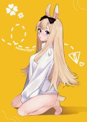 1girl :t animal_ears ass bangs bare_legs barefoot black_bow blonde_hair blue_eyes blush bow breasts bunny_ears bunny_girl bunny_tail closed_mouth collared_shirt dress_shirt eyebrows_visible_through_hair female_only from_side full_body hair_bow kneeling long_hair long_sleeves looking_at_viewer naked_shirt no_pants orange_background pout seiza shirt simple_background sitting solo tail underwear virtual_youtuber vyugen white_shirt yellow_background yenko