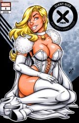 blonde_hair blue_eyes corset emma_frost garrett_blair high_heels marvel marvel_comics pinup thick_thighs thighhighs white_queen x-men