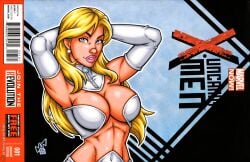 arms_behind_head blonde_hair blue_eyes comic_cover emma_frost garrett_blair hourglass_figure huge_breasts marvel marvel_comics pinup white_queen x-men