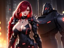 1girls 1robot ai_generated big_breasts female female_focus high_resolution highres kurenai_(claire_miyamoto) latex_suit long_hair looking_at_viewer nai_diffusion original red_hair skin_tight stable_diffusion