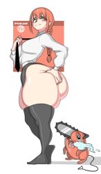 1animal 1girls big_ass black_socks chainsaw chainsaw_man crying grabbing_own_ass huge_ass interspecies long_hair looking_at_another makima_(chainsaw_man) onaeane pochita_(chainsaw_man) red_eyes red_hair shounen_jump simple_background size_difference thick_thighs thighs tie white_shirt