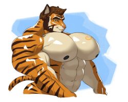 abs biceps bust facial_hair furry guzreuef hyper_muscles male_penetrating_female nipples pecs tiger