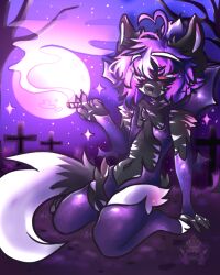 bulge cigarette cigarette_smoke furry gravestone graveyard karmie_auguste karmierules male night outside purple purple_hair revealing_clothes sitting succubus