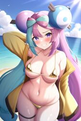 1girls ai_generated beach bikini blue_hair breasts golden_bikini gym_leader hi_res iono_(pokemon) jacket large_breasts magnemite multicolored_hair nai_diffusion nintendo pink_hair pokemon pokemon_sv purple_eyes stable_diffusion sweat underboob wide_hips