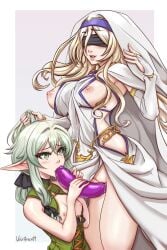 2girls :d absurdres bangs bare_arms bare_shoulders black_bow blindfold blonde_hair blush bow breasts bridal_gauntlets dildo double_dildo dress elf fellatio female female_only goblin_slayer hair_intakes hairbow hand_up high_elf_archer_(goblin_slayer) highres holding_another's_hair jewelry large_breasts lips long_hair multiple_girls necklace nipples open_mouth oral pointy_ears pussy pussy_juice saliva sex_toy shiny shiny_hair simulated_fellatio small_breasts smile sword_maiden_(goblin_slayer) velvetqueenh white_dress yuri