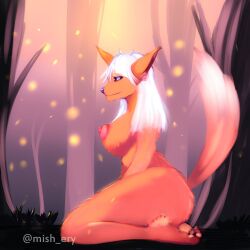 absurd_res big_breasts breasts canid canine erect_nipples female forest forest_background fox hi_res hybrid mammal mishery nature nature_background nipples plant solo tree