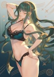 1girls alternate_costume animal_ears aqua_eyes arm_behind_head arm_up belly belly_button belt_buckle black_bra black_panties bra breasts buckle choker cleopatra_(fate) cute eyeliner fate/grand_order fate_(series) female female_focus female_only gold_hairband green_bra green_eyes green_hair green_panties hand_on_hip happy happy_girl hi_res high_resolution highres jewelry large_breasts light-skinned_female light_skin lingerie lingerie_bouquet long_hair looking_at_viewer makeup mashu_003 navel one_eye_closed panties parted_lips ring shiny shiny_hair smile solo solo_female solo_focus stomach teeth underwear underwear_only very_long_hair wavy_hair wink