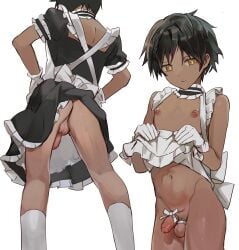 1boy absurdres arknights ass bishounen black_hair brown_eyes closed_mouth clothes_lift cowboy_shot crossdressing dark-skinned_femboy dark-skinned_male dark_skin erection femboy flaccid gift girly highres inverted_nipples itsme_takk kneehighs looking_at_viewer maid male male_focus male_only midriff navel original otoko_no_ko penis_ribbon ribbon ribbon_on_penis simple_background small_penis socks testicles thorns_(arknights) uncensored white_background white_ribbon