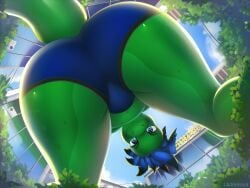 anthro dinosaur furry giantess huge_ass huge_butt ladnelsiya looking_at_viewer looking_down macro original_character outdoors outside panties reptile scalie solo solo_female thick_thighs thunder_thighs underwear worms-eye_view