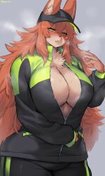 1girls anthro athletic athletic_anthro athletic_female big_breasts blush brown_fur brown_hair canine cap cute cute_female cute_girl dog_ears domestic_dog female female_only fur furry furry_only green_eyes hi_res inner_sideboob long_hair looking_at_viewer messy_hair mountain_dew mountain_dew_tracksuit narrowed_eyes ookami-chan_(suurin_2) open_clothes original solo suurin_(ksyaro) tracksuit vanta_black vantablack