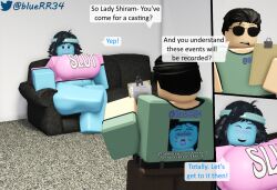 3d black_eyes black_hair blue_skin bluerr34 casting_couch dialogue female headband male mob_face original_character roblox robloxian self_upload shiram shirt tagme text twitter_username