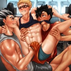 bludwing blush bokuto_koutarou cum_on_body double_penetration gay gif gym gym_clothes haikyuu!! handjob kuroo_tetsurou male male_only mostly_nude nude sweat threesome tsukishima_kei yaoi